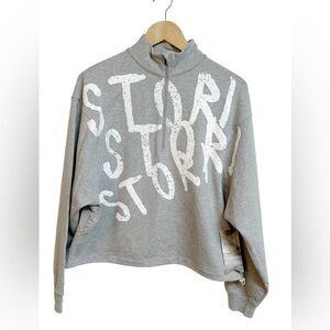 Stori Logo Print 1/2 Zip Mock Neck Cropped Pullover Sweatshirt Gray Sz 6 NWT